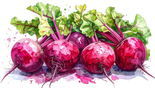 A vibrant watercolor illustration showcasing several raw, freshly picked beets with their green leafy tops, offering a healthy and colorful display