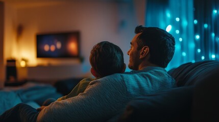 A father and son watching a movie together, cozy on the couch 