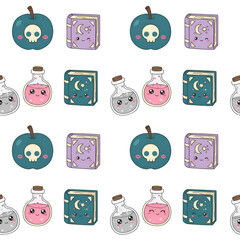 Whimsical Halloween Pattern with Cute Witchcraft Elements.