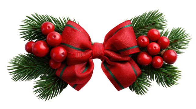 Festive Christmas Embellishment: A vibrant red bow adorned with lush green spruce branches and a cluster of bright red berries, embodying the spirit of the holiday season and joyful embellishment.