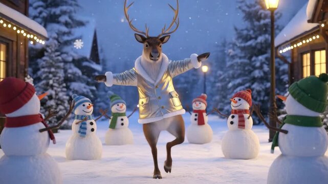 Festive reindeer dancing with snowmen in a winter wonderland at night