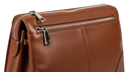 Brown leather travel bag with zipper isolated on transparent background