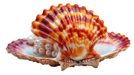 Ocean Treasure: A close-up shot of an open seashell, its intricate patterns highlighted by the light, cradling a cascade of delicate pearls. It exudes a sense of serene beauty.