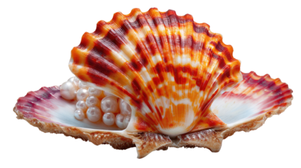 Ocean Treasure: A close-up shot of an open seashell, its intricate patterns highlighted by the light, cradling a cascade of delicate pearls. It exudes a sense of serene beauty.