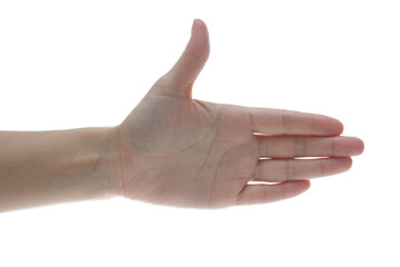 Woman's hand showing OK gesture, isolated on white background with copy space