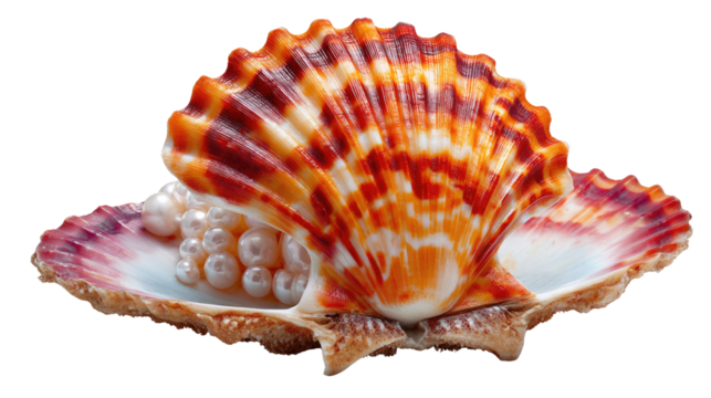 Ocean Treasure: A close-up shot of an open seashell, its intricate patterns highlighted by the light, cradling a cascade of delicate pearls. It exudes a sense of serene beauty.