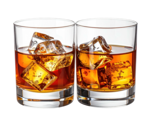 Two crystal glasses filled with amber liquid and large ice cubes, isolated on a black background