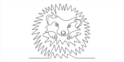 Obraz premium European hedgehog curled up in a ball, spines visible, ready to protect itself continuous single line art drawing sketch on white background
