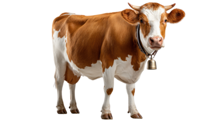 Dairy Delight: A majestic cow stands proudly, its coat a stunning mix of brown and white. The cow's gentle gaze and the jingle of its bell convey the simplicity and peace of rural life.