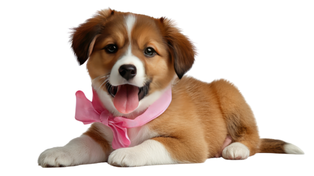 Puppy with Pink Ribbon: An adorable puppy lies comfortably, its soft fur and happy expression amplified by a delicate pink ribbon, exuding charm and joy. - Powered by Adobe