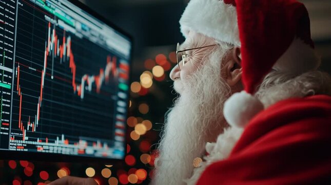 Santa Claus, wearing glasses and a traditional red suit, looks at stock charts on a computer screen against a backdrop of Christmas lights.