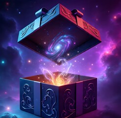A glowing magical gift box opening to reveal swirling galaxies and cosmic energy in a dreamy, fantasy-inspired scene.