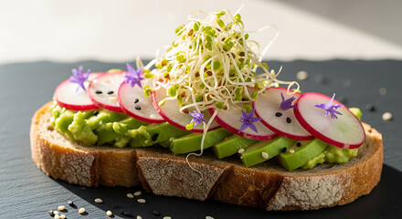 Close-up shot of avocado toast with radish slices, sprouts, and edible flowers on a black surface.