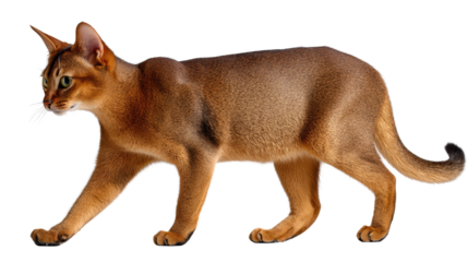 Abyssinian Cat's graceful stroll: An Abyssinian cat, with its distinctive ticked coat and alert ears, walks confidently, showcasing its sleek physique.