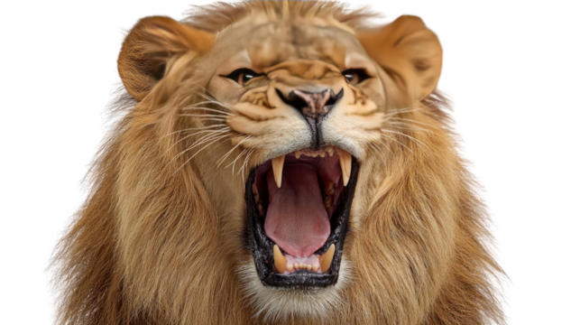 Lion's Roar: A majestic lion displays its powerful roar, showcasing the animal's fierce and commanding presence.