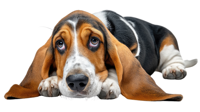 Basset Hound's melancholy: A Basset Hound, with its distinctive long ears and soulful eyes, lies with an air of contemplative sadness. Capturing the essence of canine thoughtfulness.