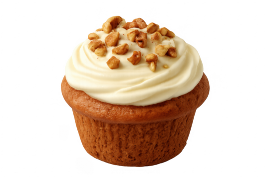 Cupcake with white frosting and walnuts