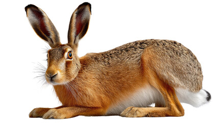 Naklejka premium Hare in repose: A watchful hare, with long ears and a coat of earthy hues, rests peacefully, its gaze alert as it surveys its environment. Capturing the essence of wildlife in its natural habitat.