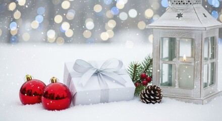 Festive winter composition with wrapped present, red ornaments, and glowing lantern on fresh snow during snowfall.