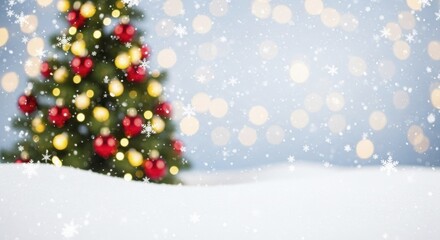 Obraz premium Festive Christmas tree in snowy landscape with shimmering lights and falling snowflakes