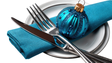 Festive Table Setting: A close-up view of a beautifully arranged table setting, showcasing a turquoise napkin with a shimmering bauble, silverware, and pristine plates.