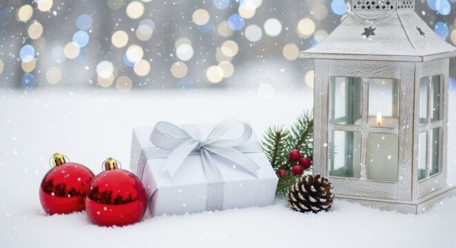 Festive winter composition with wrapped present, red ornaments, and glowing lantern on fresh snow during snowfall.