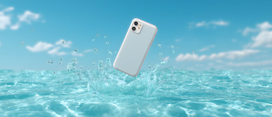Smartphone floating in pool concept: Smartphone hovering above water makes you feel like going for dip in pool and capture its reflection