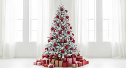 Flocked Christmas Tree with Red Ornaments and Gifts in a White Room