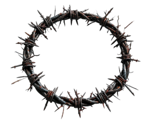 A realistic, aged, metallic ring crafted from rusted, sharp, and intimidating barbed wire