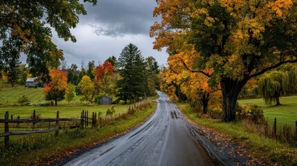 Obraz premium Serene Autumn Country Road Winding Through Vibrant Fall Foliage Under Moody Skies