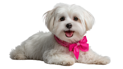 Cute Maltese with Pink Bow: A charming Maltese dog with fluffy, white fur, adorned with a delicate pink bow, exudes an air of gentle playfulness, showcasing its endearing nature.