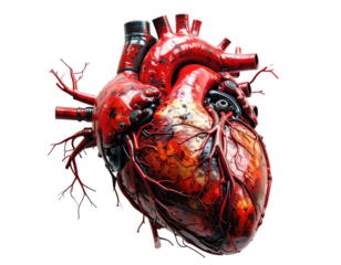 A detailed, stylized anatomical representation of the human heart in shades of red and orange