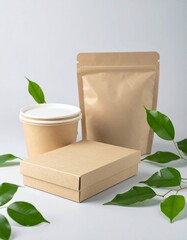 Blank eco-friendly packaging with green leaves.