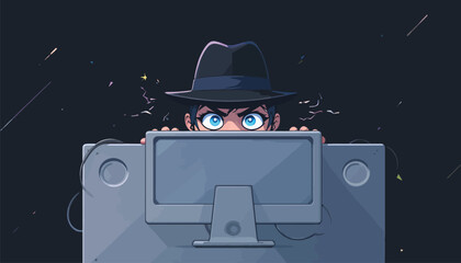 Hacker with Hat Peeking Over Computer Screen vector