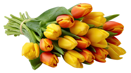 Tulip bouquet's Vivid display: a vibrant tulip bouquet's close-up, revealing beautiful floral arrangement's of cheerful yellow and orange colors.