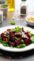 Close-up of beet and spinach salad on a white plate with seasonings