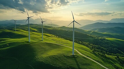 Large wind turbines set in lush green landscapes, promoting clean energy solutions