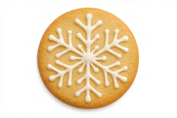 Christmas snowflake cookie with white icing on transparent background