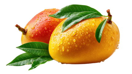 Tropical Mangoes: Two ripe mangoes, glistening with droplets, accompanied by vibrant green leaves, inviting a sensory delight.