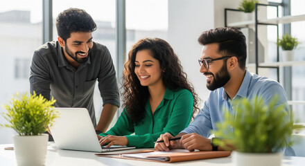 Young Diverse Business Team Collaborating on Laptop in Modern Office
