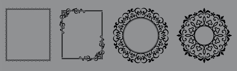 Set of decorative frames Elegant vector element for design in Eastern style, place for text. Floral black and gray borders. Lace illustration for invitations and greeting cards