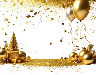 A festive scene, featuring gold balloons, ornaments, and confetti on a shimmering gold surface