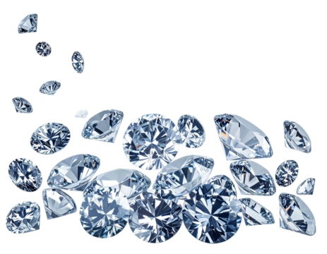 Sparkling, clear, faceted gemstones cascade across a black background, catching the light