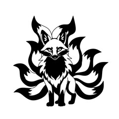 Stylized black and white kitsune silhouette with nine flowing tails. Vector design inspired by Japanese mythology, perfect for tattoos, logos, and fantasy artwork