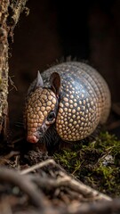A small armadillo curled up in its burrow, in natural habitat