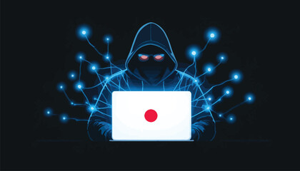 Ominous hacker with red eyes and digital network cybersecurity