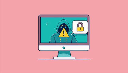 Sad Hacker on Computer Screen with Padlock and Warning