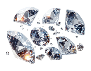 Close-up view of radiant diamonds, floating on a black background, with light reflections