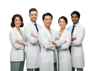 Diverse Professional medical team smiling with confidence and expertise, ready to help patients on transparent background