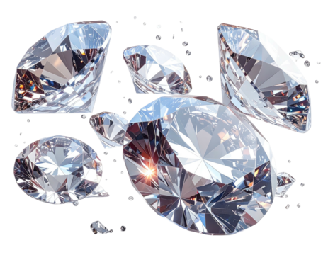 Brilliant collection of transparent, faceted gemstones, scattered against a stark black background